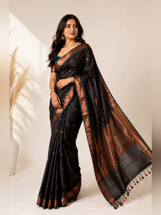 None Other - Black / Green Saree with Contrast Heavy Brocade Blouse – Bust 36
